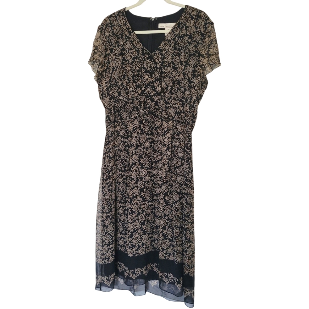 David Warren Black Silk Short Sleeve Contemporary Floral Midi Dress 12 L Vintage
